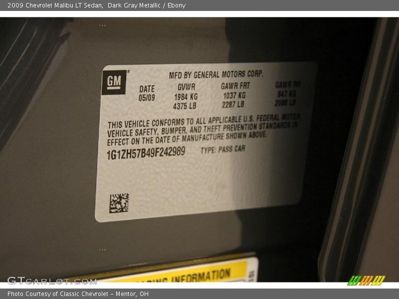 Dark Gray Metallic / Ebony 2009 Chevrolet Malibu LT Sedan