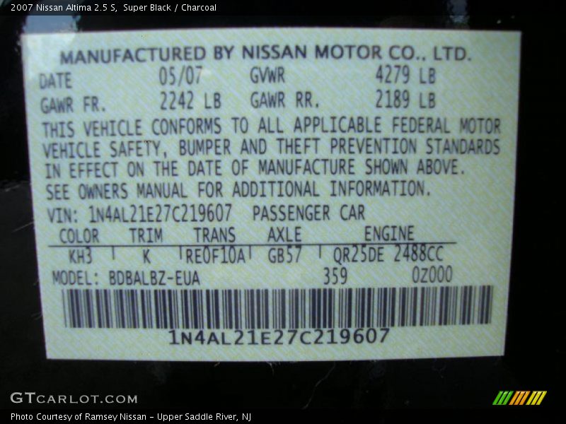 Super Black / Charcoal 2007 Nissan Altima 2.5 S