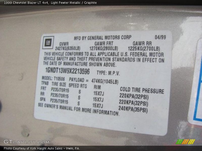 Light Pewter Metallic / Graphite 1999 Chevrolet Blazer LT 4x4