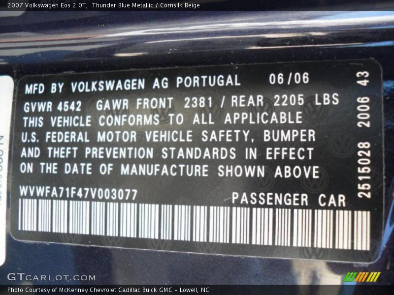 Thunder Blue Metallic / Cornsilk Beige 2007 Volkswagen Eos 2.0T