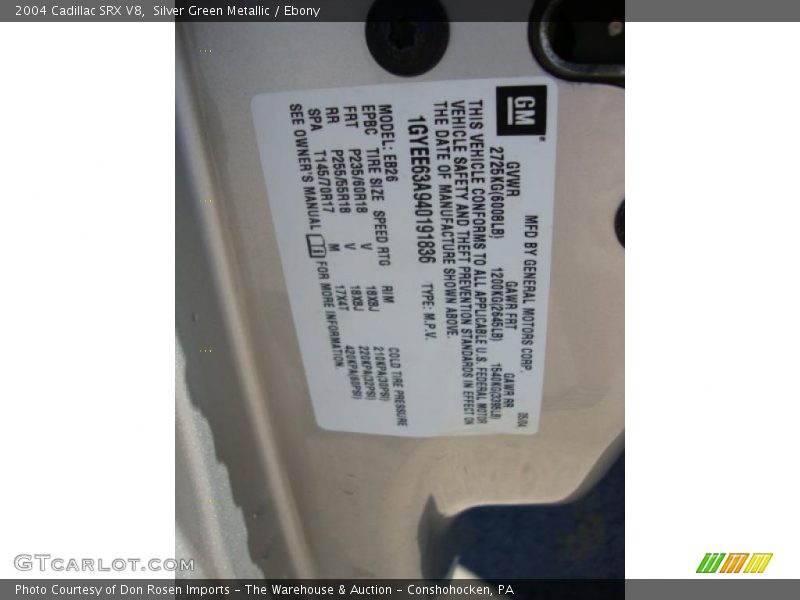 Silver Green Metallic / Ebony 2004 Cadillac SRX V8