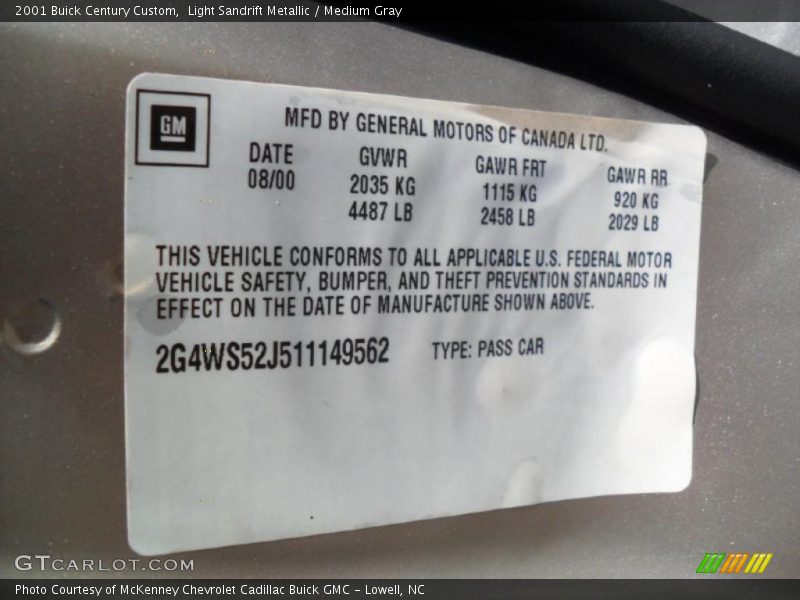 Light Sandrift Metallic / Medium Gray 2001 Buick Century Custom