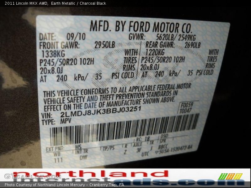 Earth Metallic / Charcoal Black 2011 Lincoln MKX AWD