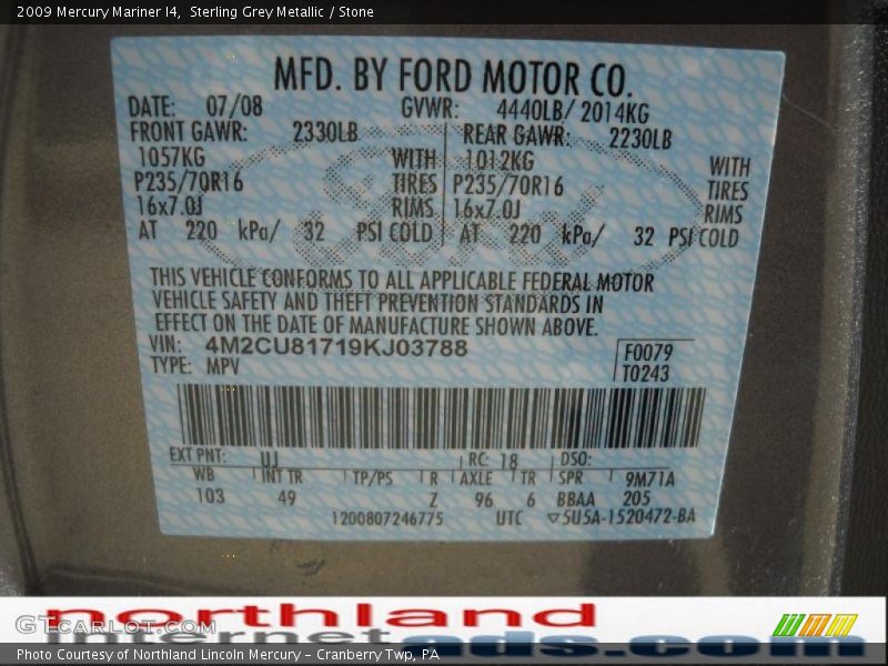 Sterling Grey Metallic / Stone 2009 Mercury Mariner I4