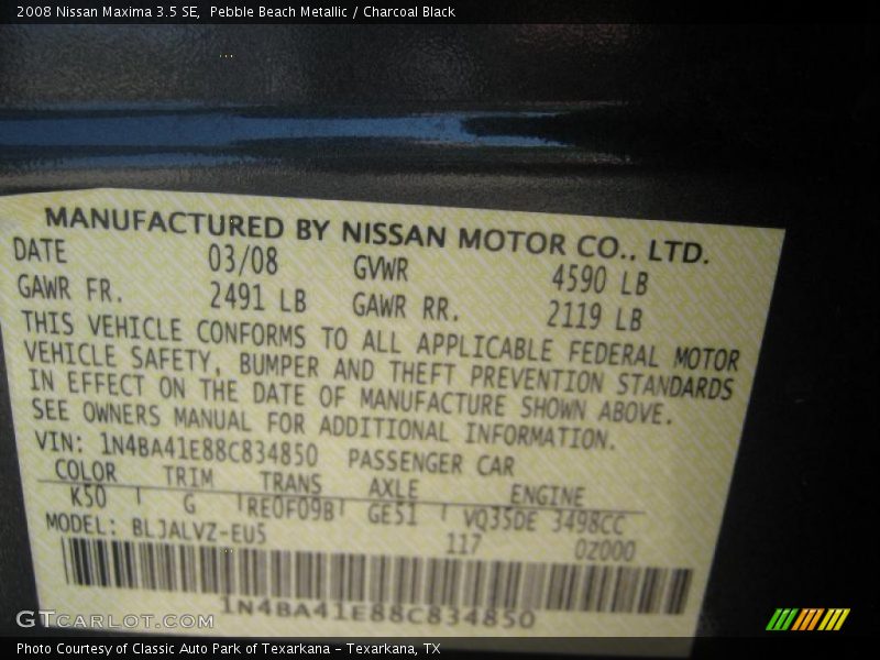 Pebble Beach Metallic / Charcoal Black 2008 Nissan Maxima 3.5 SE