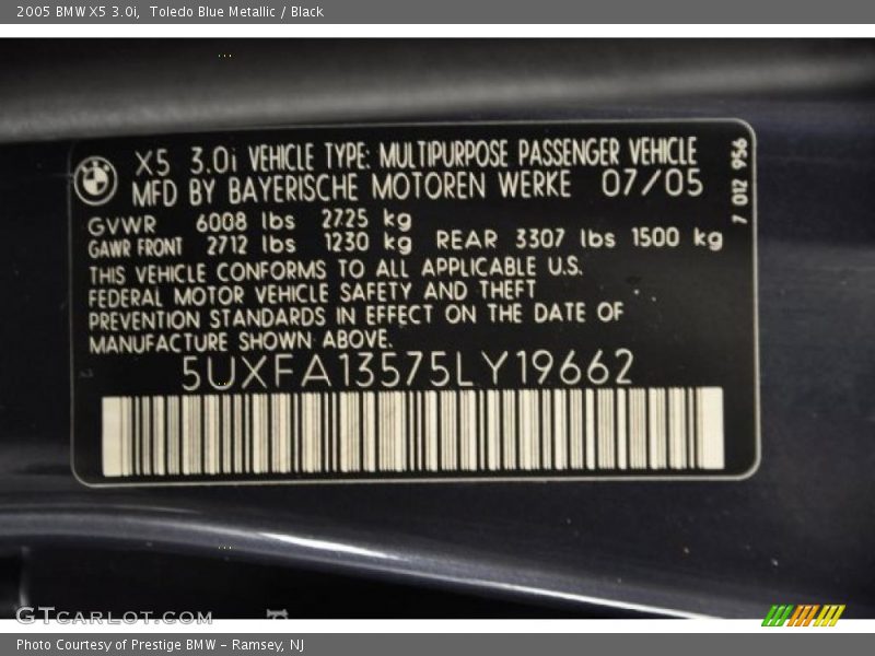 Toledo Blue Metallic / Black 2005 BMW X5 3.0i