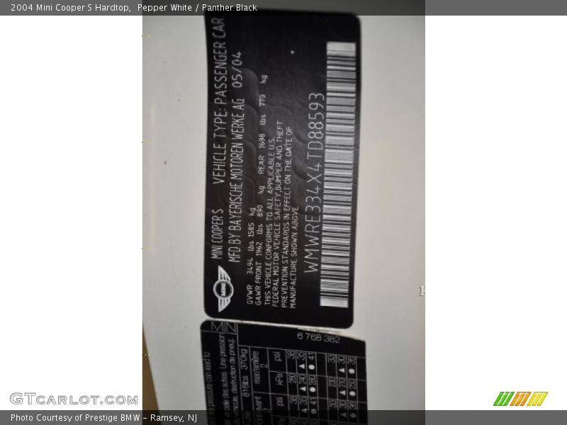 Pepper White / Panther Black 2004 Mini Cooper S Hardtop