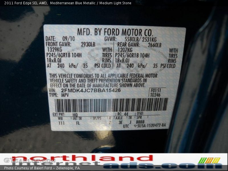 Mediterranean Blue Metallic / Medium Light Stone 2011 Ford Edge SEL AWD