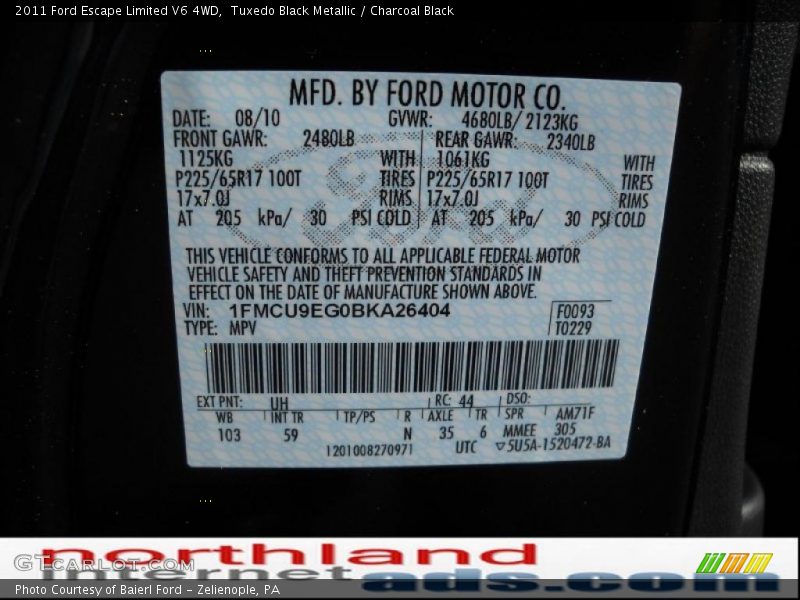 Tuxedo Black Metallic / Charcoal Black 2011 Ford Escape Limited V6 4WD