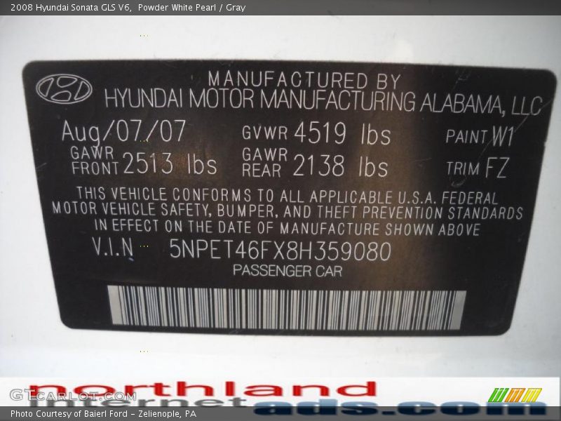 Powder White Pearl / Gray 2008 Hyundai Sonata GLS V6