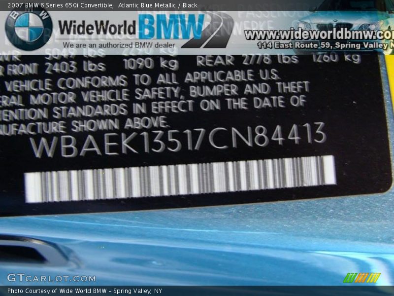 Atlantic Blue Metallic / Black 2007 BMW 6 Series 650i Convertible