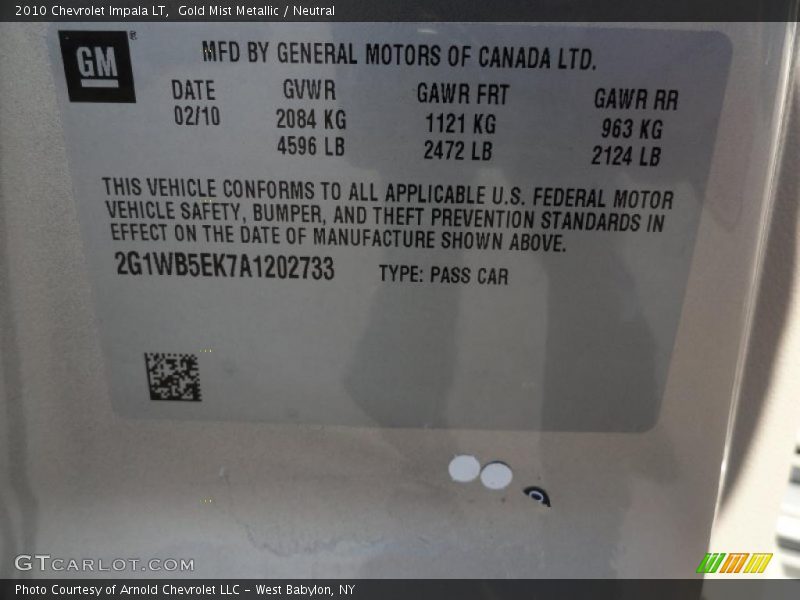 Gold Mist Metallic / Neutral 2010 Chevrolet Impala LT