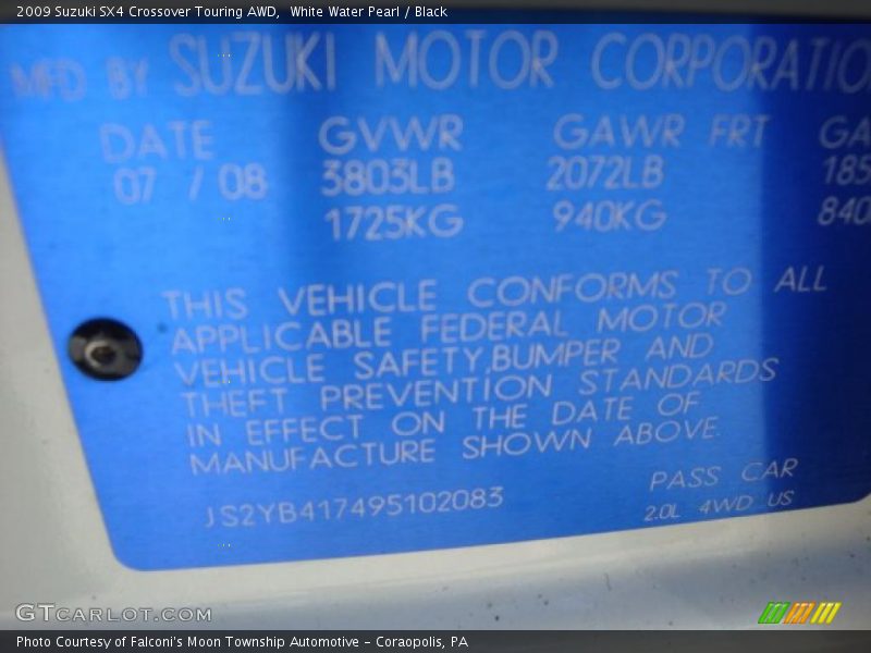 White Water Pearl / Black 2009 Suzuki SX4 Crossover Touring AWD