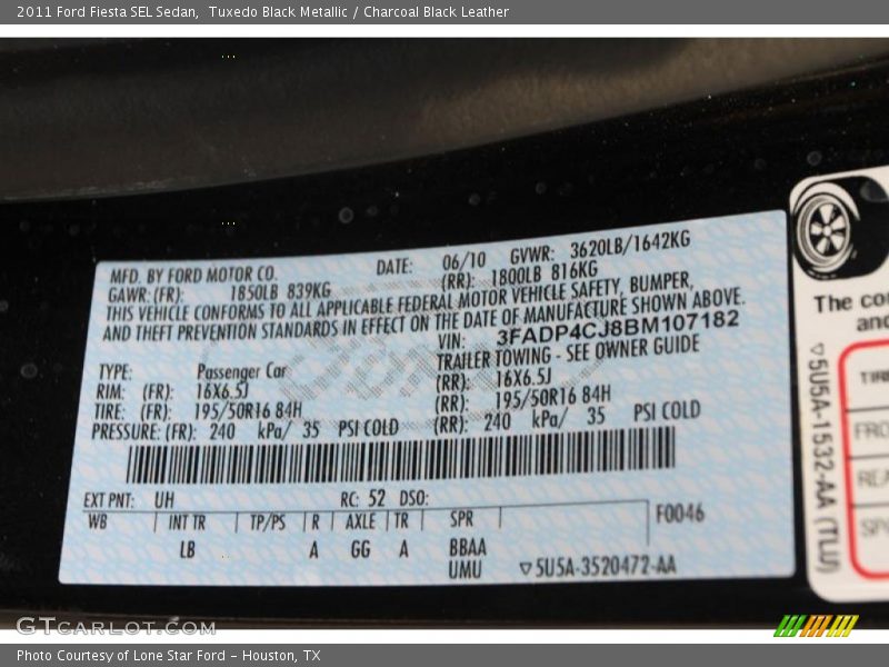 Tuxedo Black Metallic / Charcoal Black Leather 2011 Ford Fiesta SEL Sedan