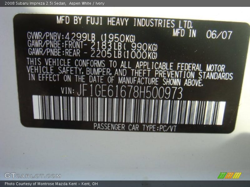 Aspen White / Ivory 2008 Subaru Impreza 2.5i Sedan