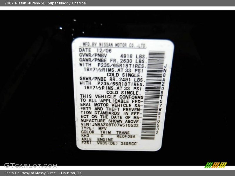 Super Black / Charcoal 2007 Nissan Murano SL