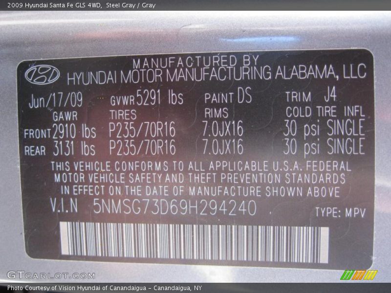 Steel Gray / Gray 2009 Hyundai Santa Fe GLS 4WD