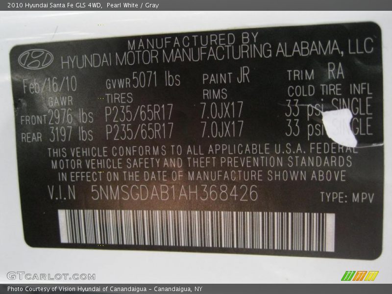 Pearl White / Gray 2010 Hyundai Santa Fe GLS 4WD