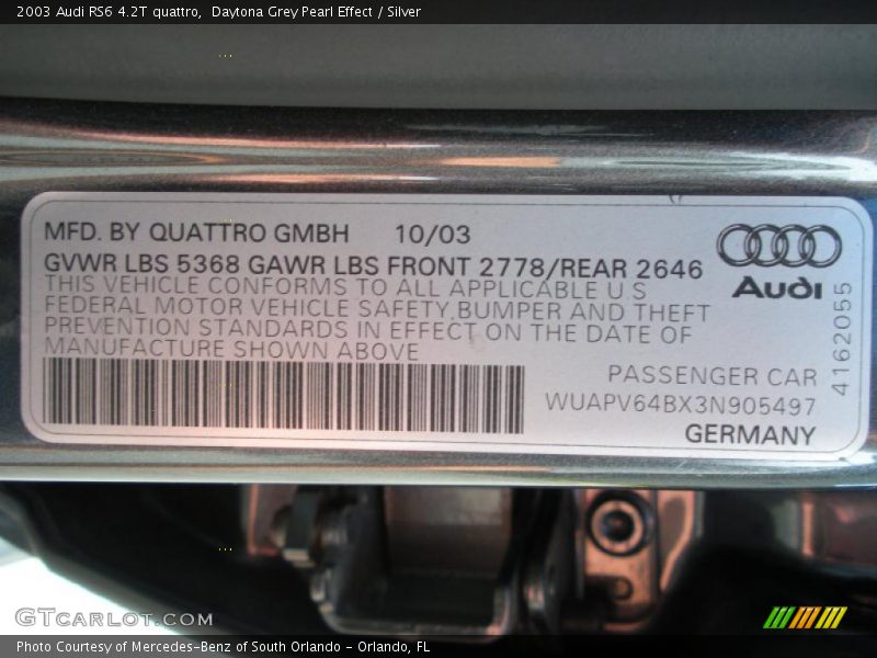 Daytona Grey Pearl Effect / Silver 2003 Audi RS6 4.2T quattro