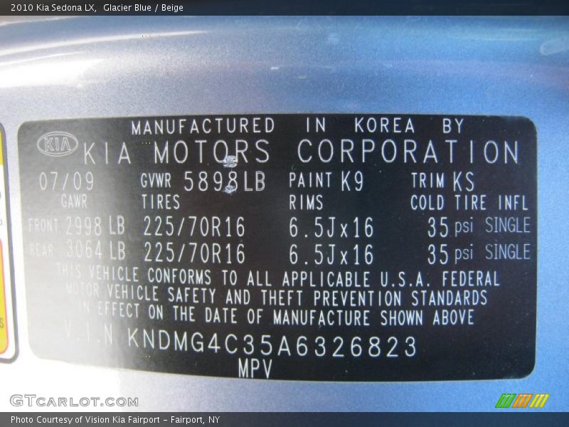 Glacier Blue / Beige 2010 Kia Sedona LX