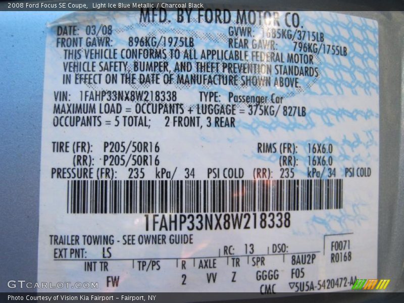 Light Ice Blue Metallic / Charcoal Black 2008 Ford Focus SE Coupe