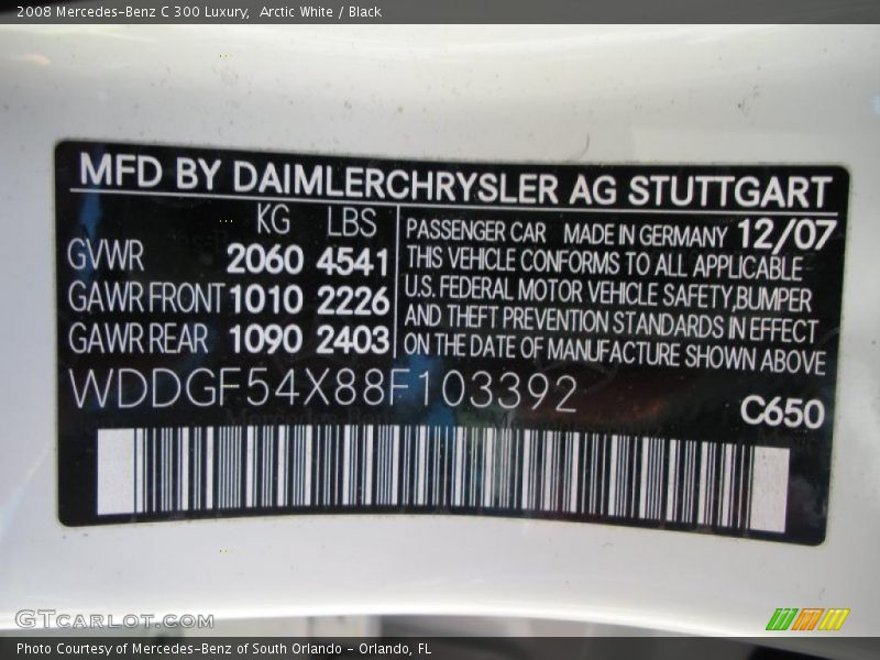 Arctic White / Black 2008 Mercedes-Benz C 300 Luxury