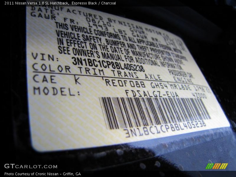 Espresso Black / Charcoal 2011 Nissan Versa 1.8 SL Hatchback
