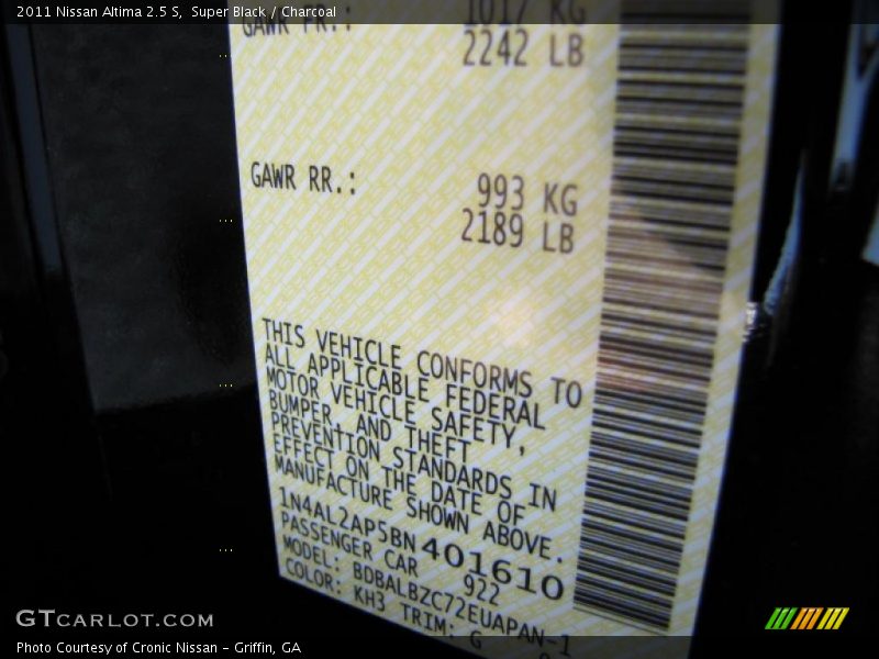 Super Black / Charcoal 2011 Nissan Altima 2.5 S