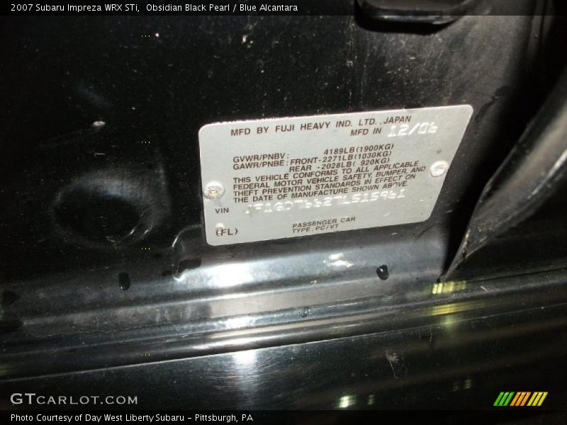 Obsidian Black Pearl / Blue Alcantara 2007 Subaru Impreza WRX STi