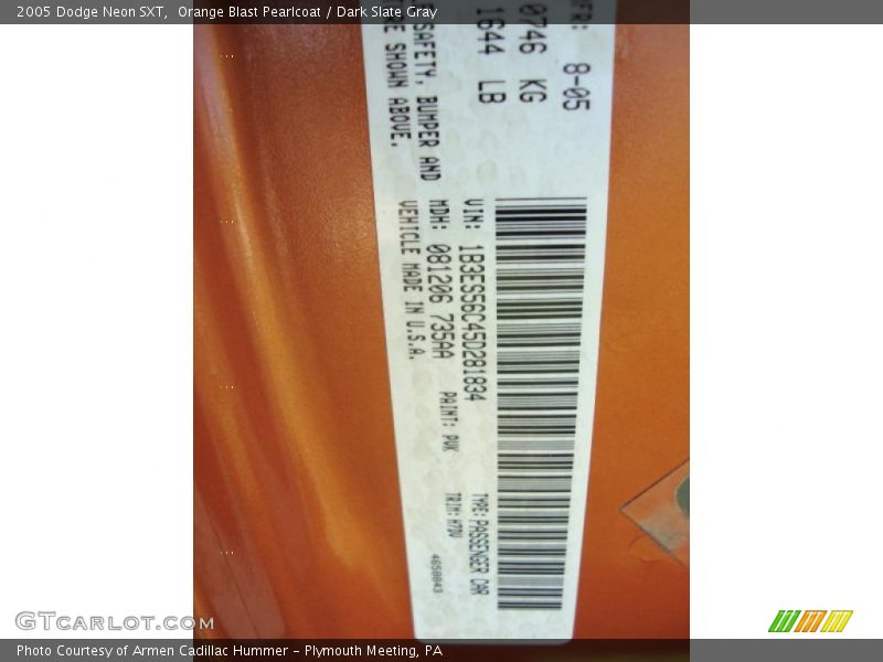 Orange Blast Pearlcoat / Dark Slate Gray 2005 Dodge Neon SXT