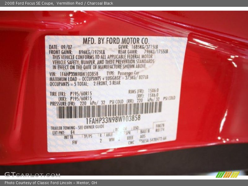 Vermillion Red / Charcoal Black 2008 Ford Focus SE Coupe