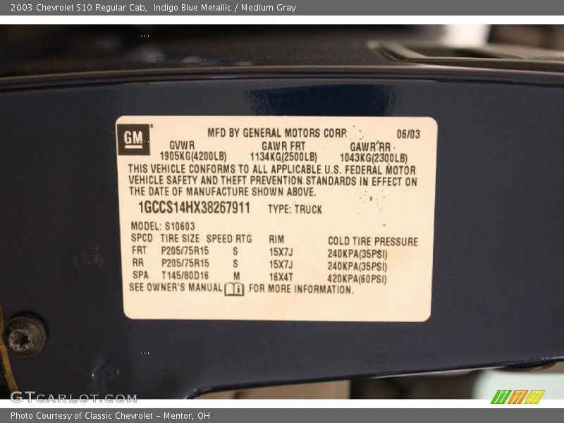 Indigo Blue Metallic / Medium Gray 2003 Chevrolet S10 Regular Cab