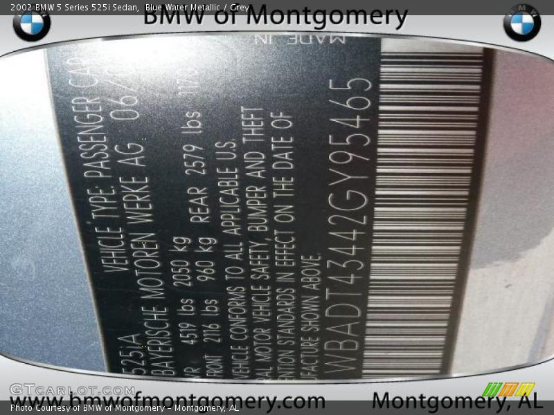 Blue Water Metallic / Grey 2002 BMW 5 Series 525i Sedan