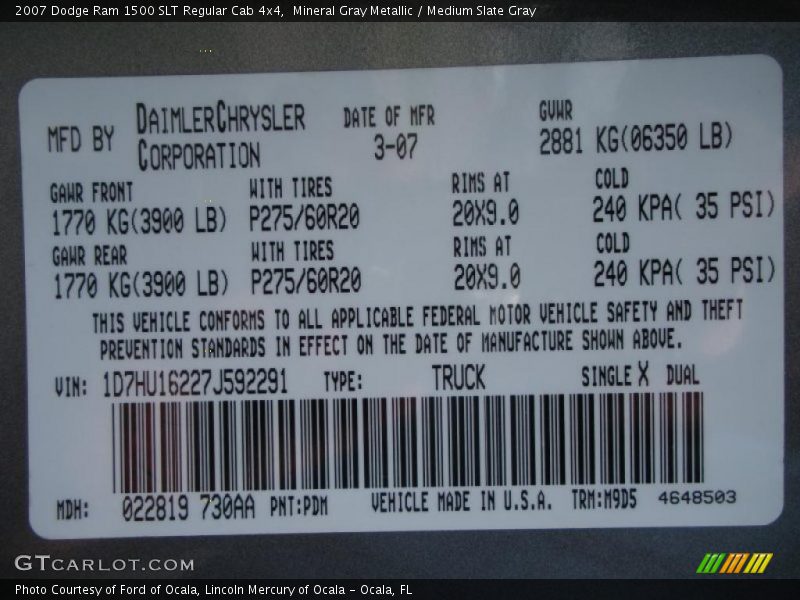 Mineral Gray Metallic / Medium Slate Gray 2007 Dodge Ram 1500 SLT Regular Cab 4x4