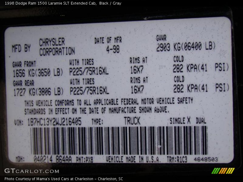 Black / Gray 1998 Dodge Ram 1500 Laramie SLT Extended Cab