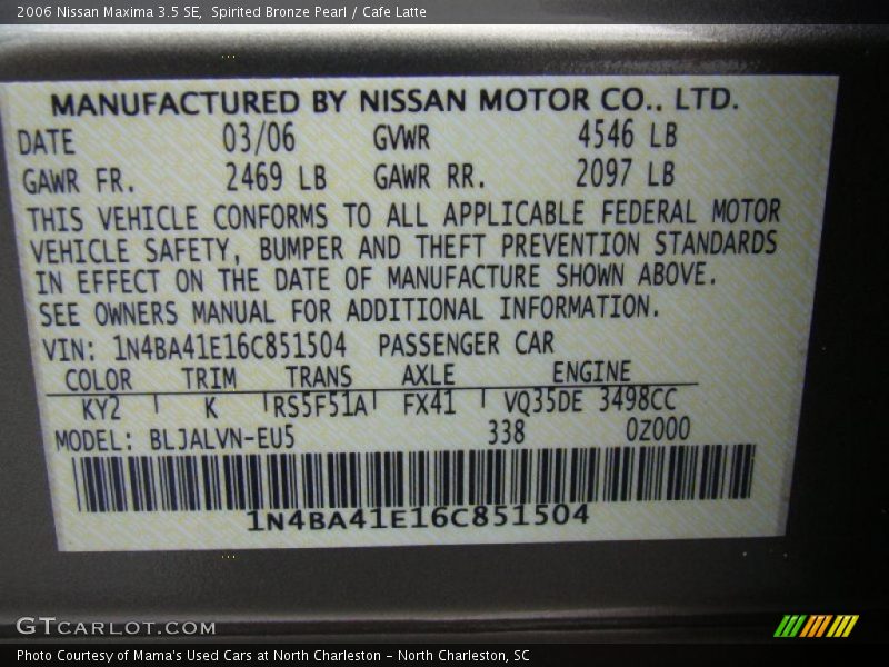 Spirited Bronze Pearl / Cafe Latte 2006 Nissan Maxima 3.5 SE