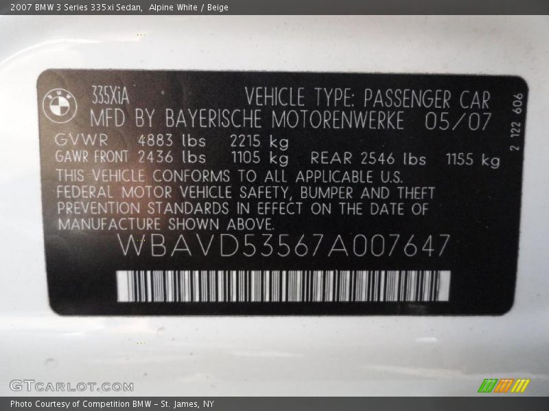 Alpine White / Beige 2007 BMW 3 Series 335xi Sedan