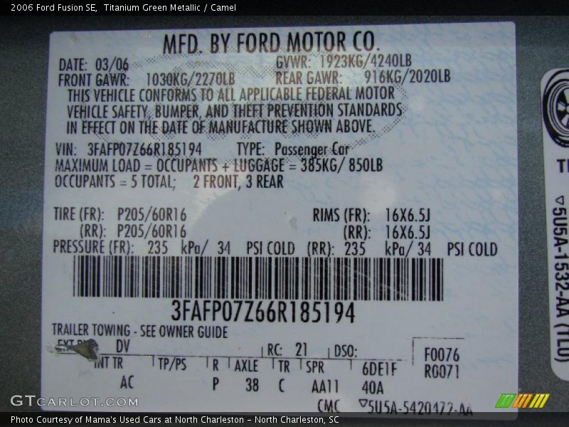 Titanium Green Metallic / Camel 2006 Ford Fusion SE