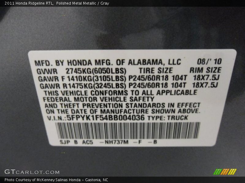 Polished Metal Metallic / Gray 2011 Honda Ridgeline RTL