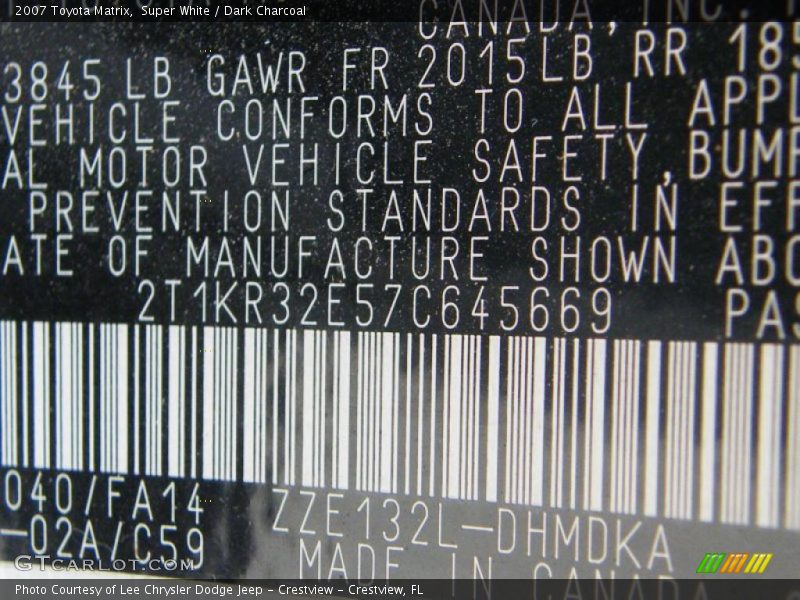 Super White / Dark Charcoal 2007 Toyota Matrix