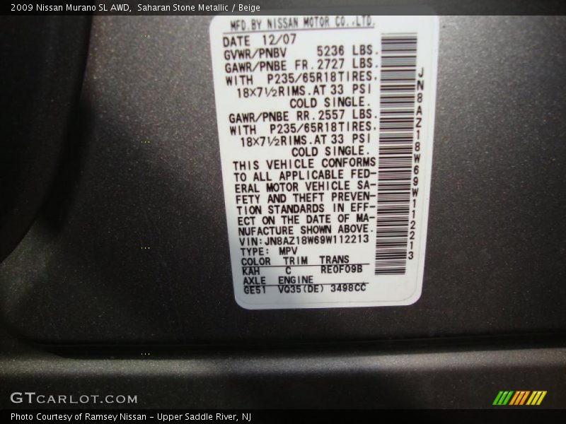 Saharan Stone Metallic / Beige 2009 Nissan Murano SL AWD