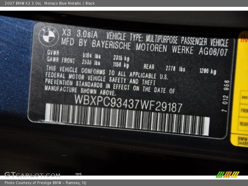 Monaco Blue Metallic / Black 2007 BMW X3 3.0si