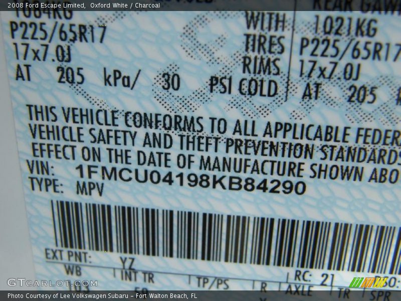 Oxford White / Charcoal 2008 Ford Escape Limited