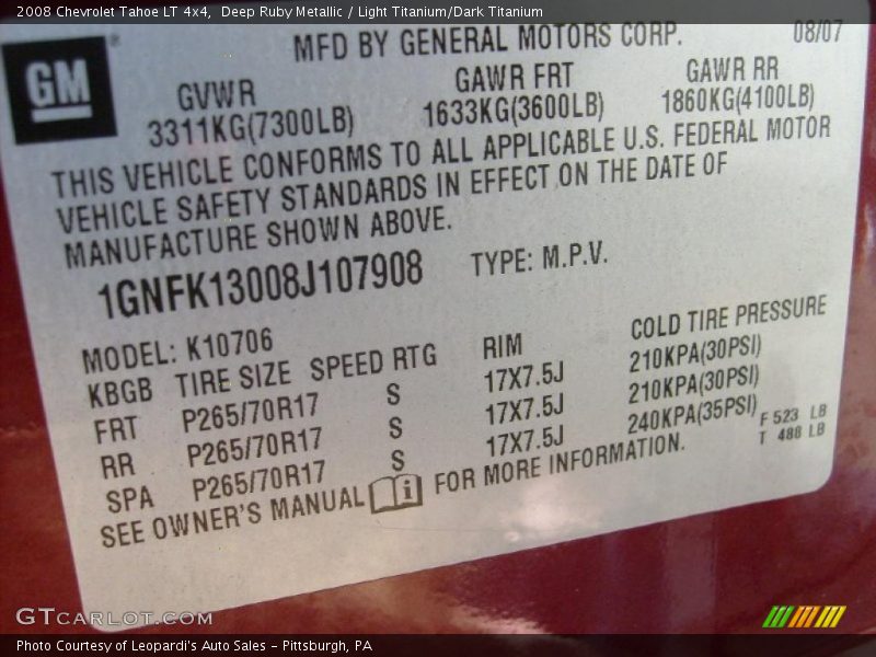 Deep Ruby Metallic / Light Titanium/Dark Titanium 2008 Chevrolet Tahoe LT 4x4