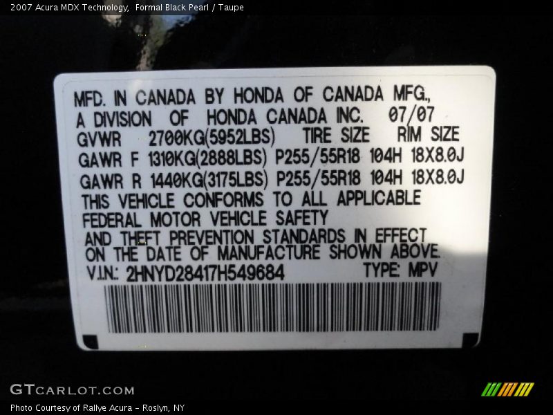 Formal Black Pearl / Taupe 2007 Acura MDX Technology