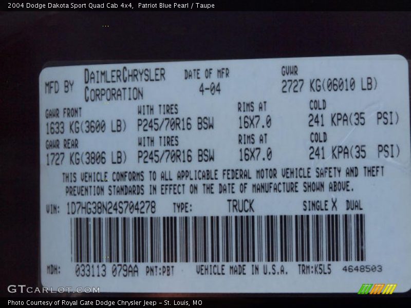 Patriot Blue Pearl / Taupe 2004 Dodge Dakota Sport Quad Cab 4x4