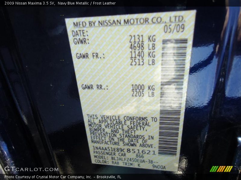 Navy Blue Metallic / Frost Leather 2009 Nissan Maxima 3.5 SV