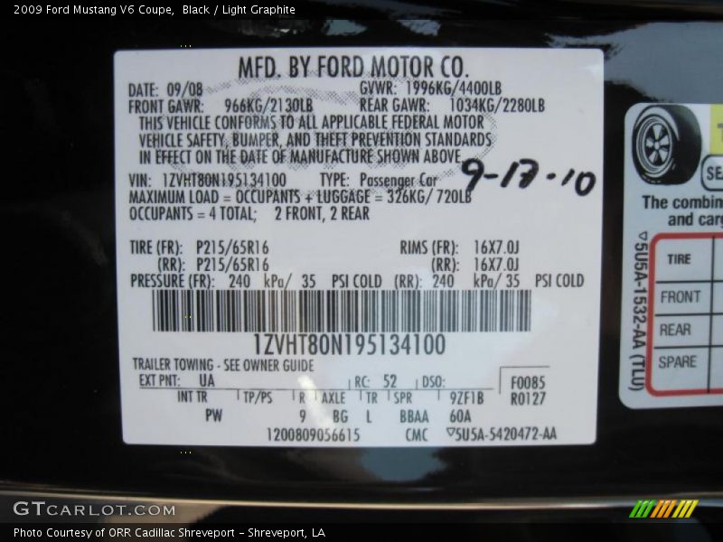 Black / Light Graphite 2009 Ford Mustang V6 Coupe