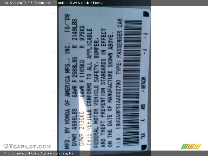 Palladium Silver Metallic / Ebony 2010 Acura TL 3.5 Technology