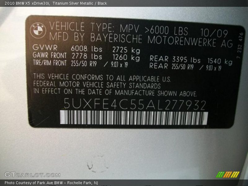 Titanium Silver Metallic / Black 2010 BMW X5 xDrive30i